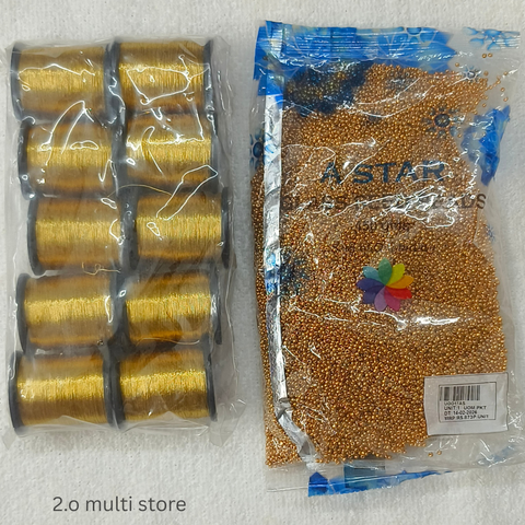 Combo set- A Star gold sugar beads+A1 mamta gold zari thread